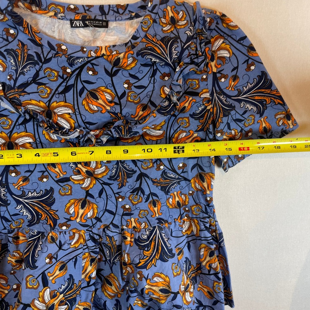 Zara Floral Ruffle Peplum Top Blue Orange Boho Short Sleeve‎ - Size S - Picture 5 of 7